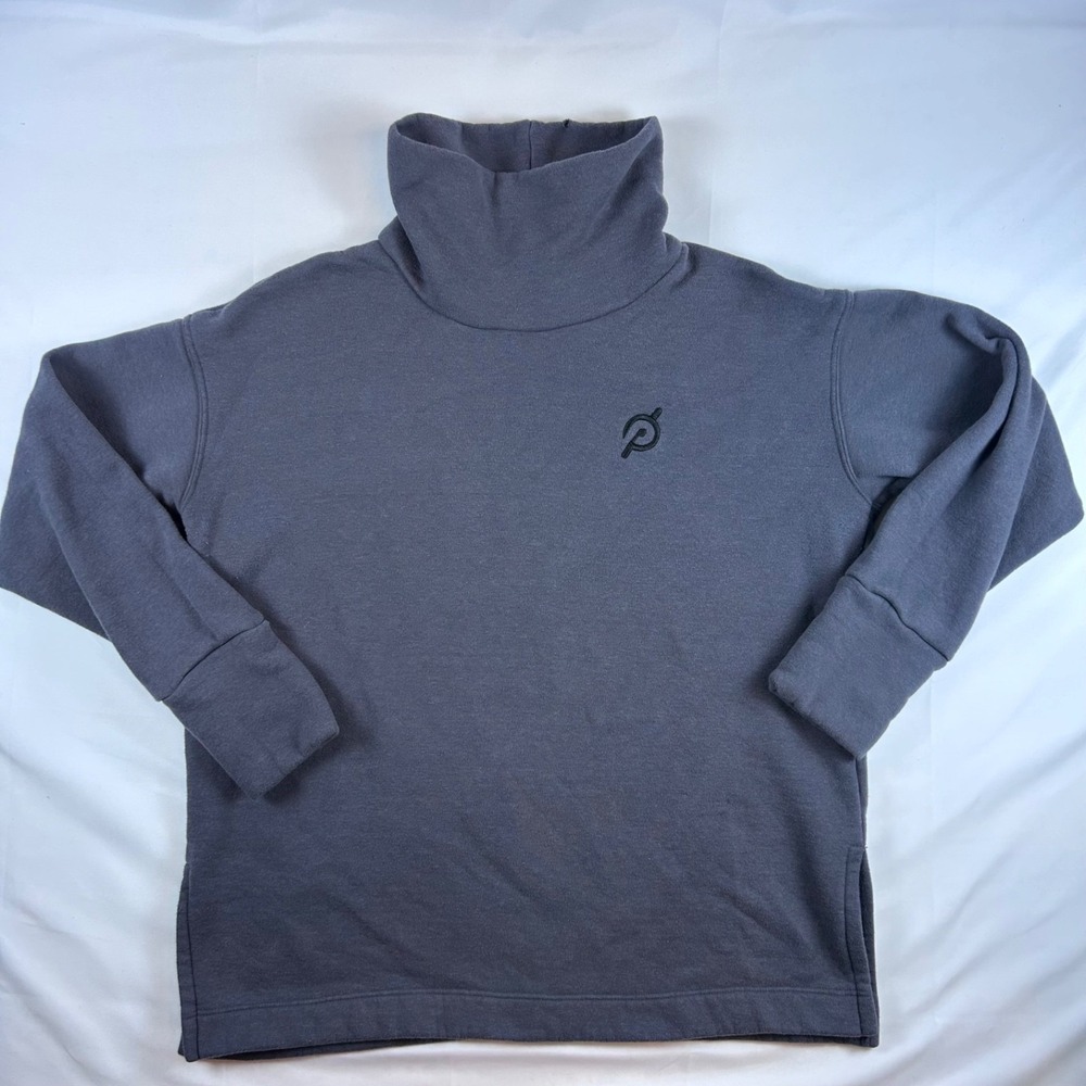 Peloton Gray Pullover Fleece Sweatshirt Cowl Neck Logo Thumb Holes Women's L